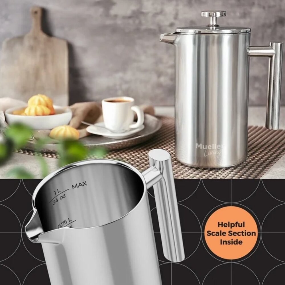 Mueller Living French Press Coffee Maker 34oz, Stainless Steel, Double Insulated - Picture 8 of 10